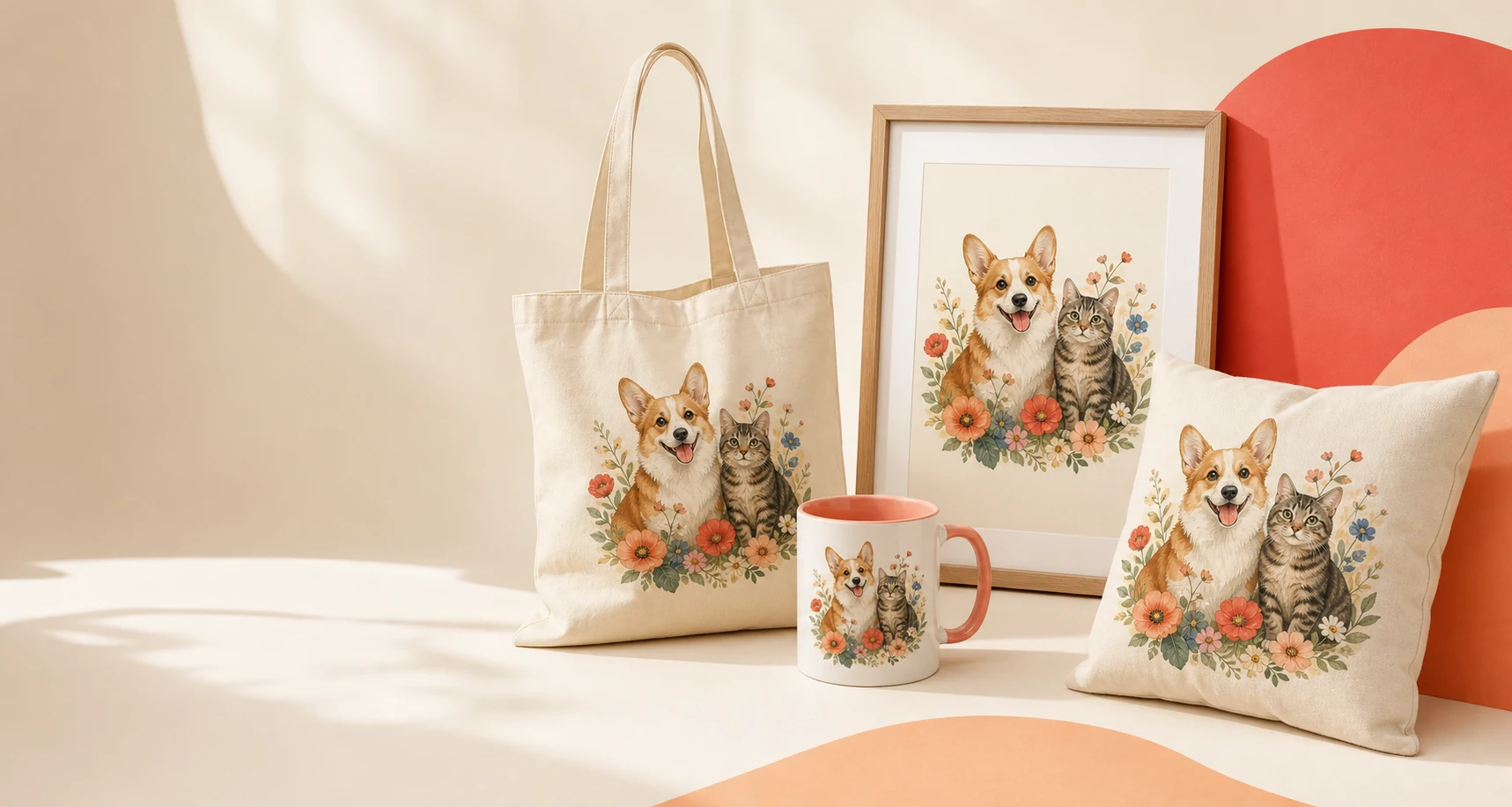 The same pet portrait printed on a tote bag, mug, framed print, and cushion